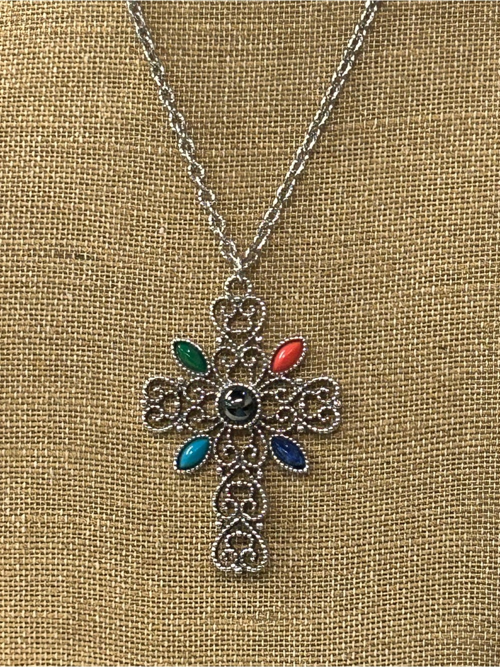 Vintage Avon Silver Filigree Cross Pendant Necklace with Multicolor Stones
